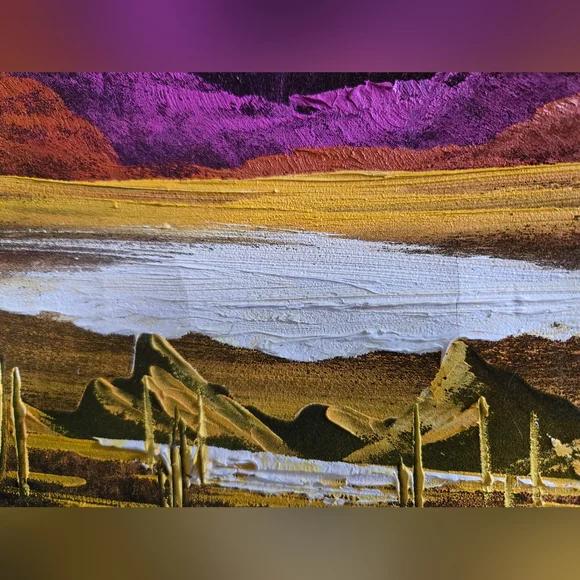 Vintage 60s 70s hand painted framed velvet desert landscape wall art Painting - Picture 3 of 8